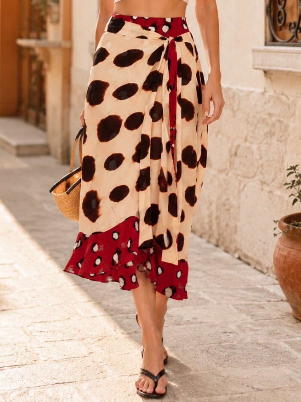 Khaki Casual Women's Polka Dot Wrap Tie Ruffle Bodycon Midi Skirt - Picture 6 of 10
